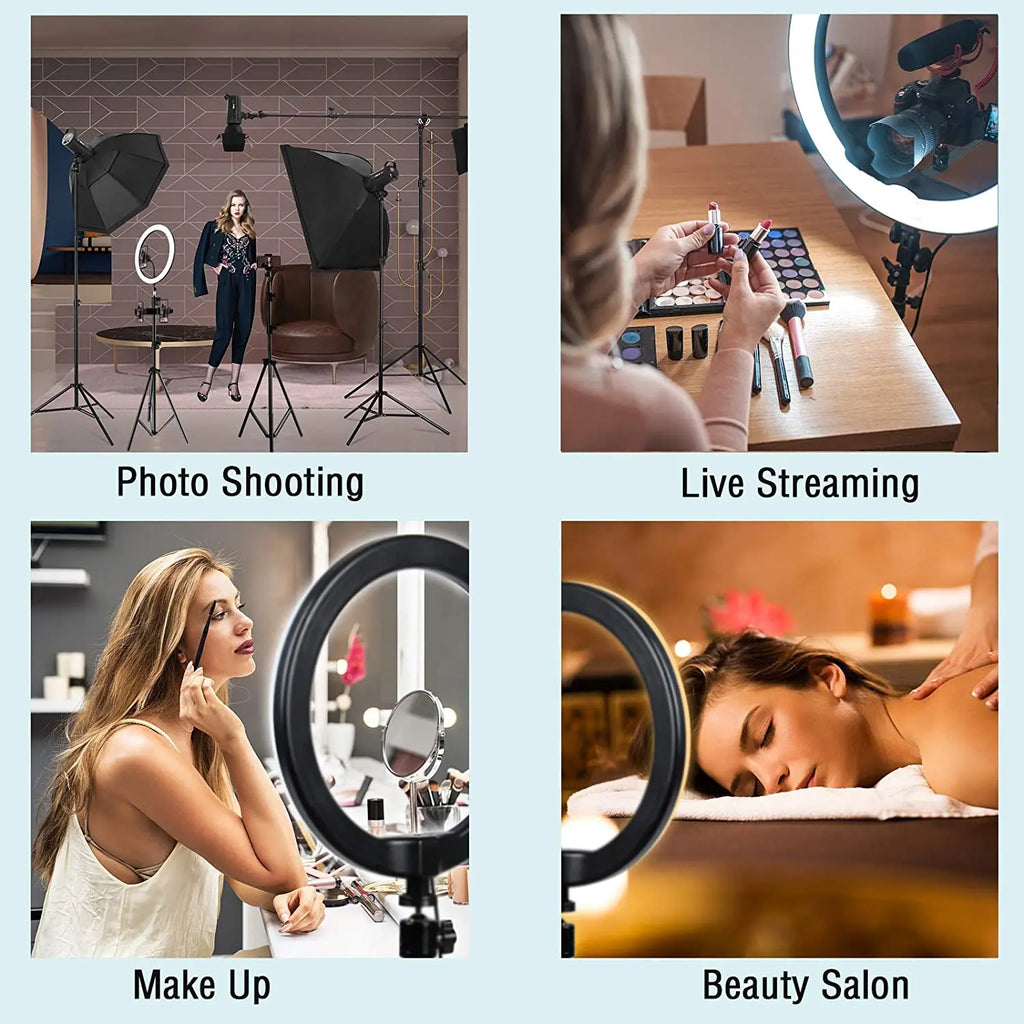 Black circular LED ring light on a tripod stand, used for photography, video streaming, makeup, and salon lighting.