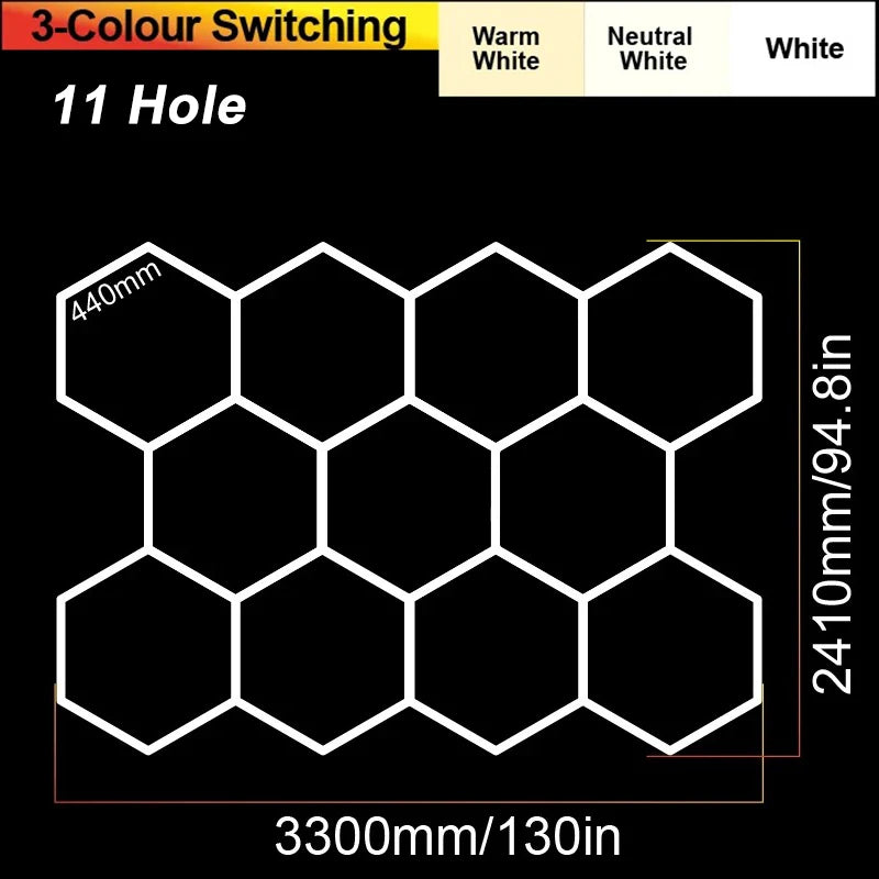 11-hole hexagon LED ceiling light layout diagram with white outline