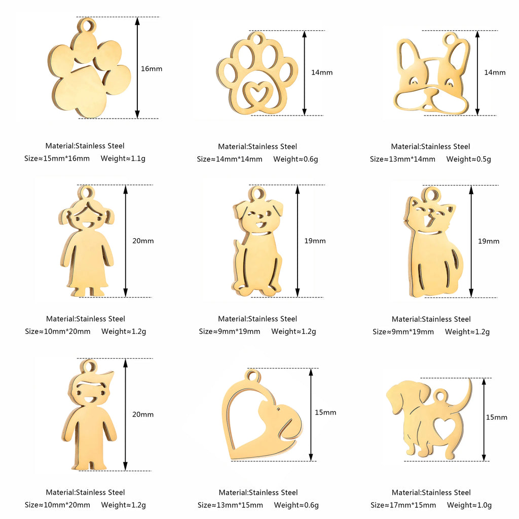 Set of gold stainless steel pet, paw, and dog charms for DIY pet-themed jewelry making, necklaces, and bracelets.