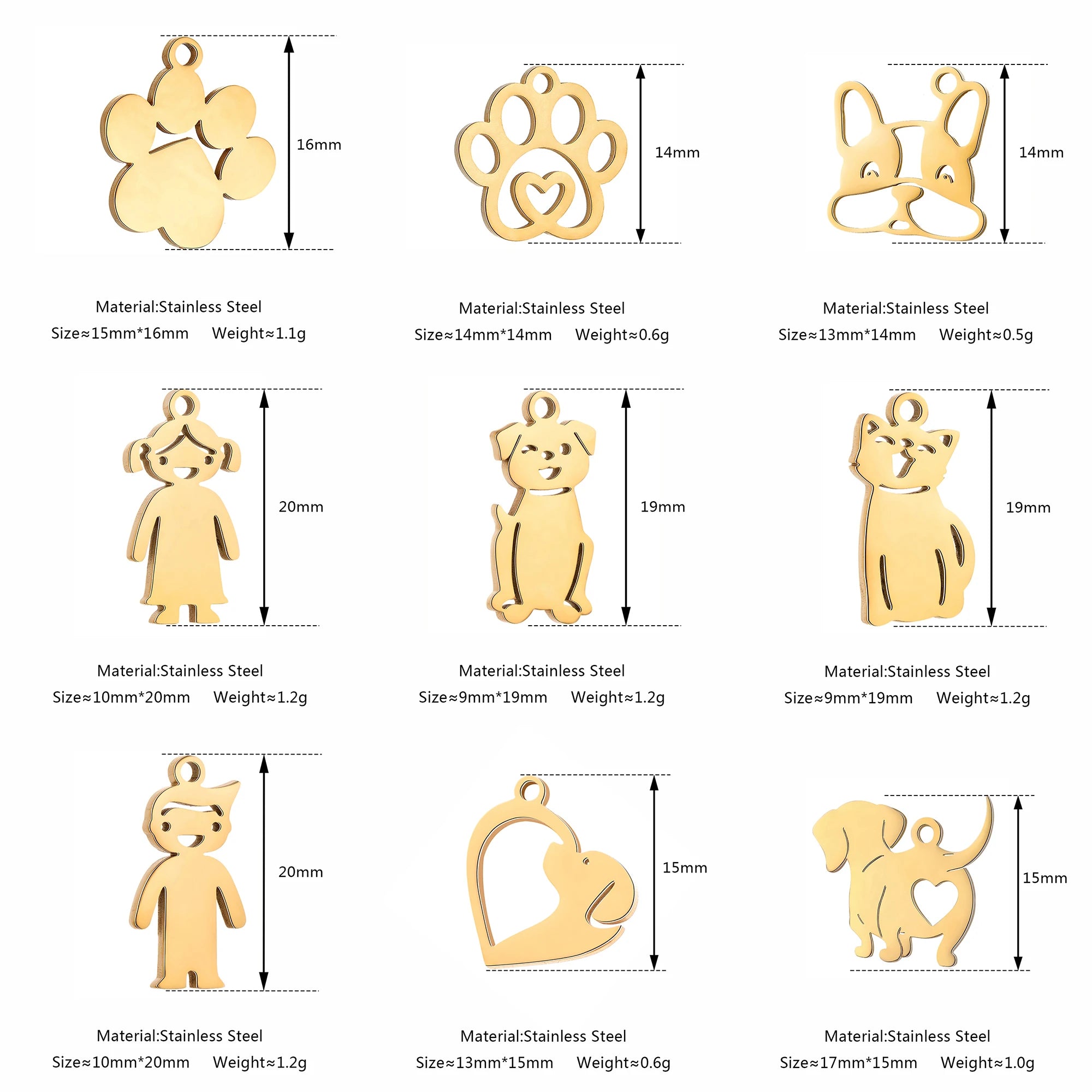 Set of gold stainless steel pet, paw, and dog charms for DIY pet-themed jewelry making, necklaces, and bracelets.