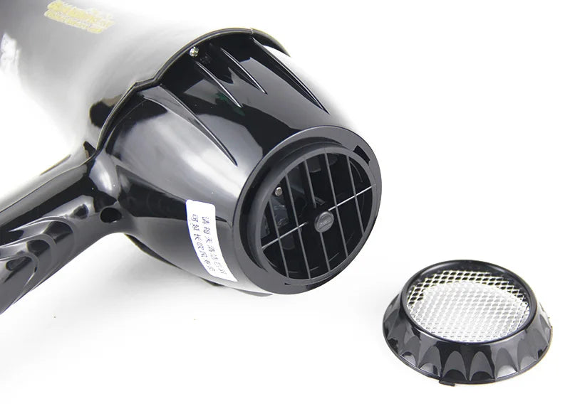 Black professional 2100W salon hair dryer with removable air filter and long cord for hairstylists.