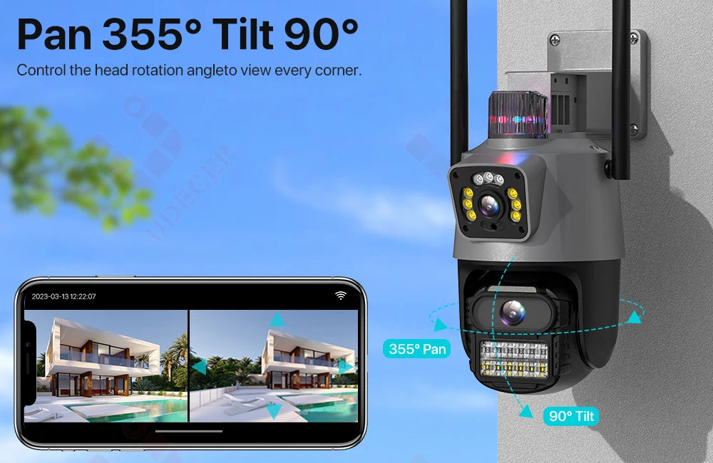 Outdoor Wifi PTZ Camera 4K 8MP HD Dual-Lens Dual Screen Camera AI Auto Tracking 4MP Video Surveillance Police Light Alarm iCSee