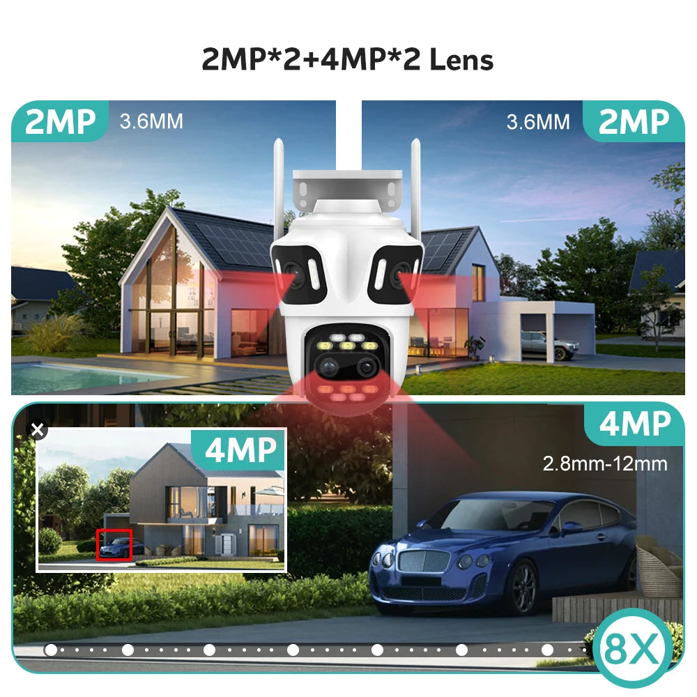 Wifi Camera Outdoor PTZ 4 Lens 4 Screen 8X Hybrid Zoom AI Auto Tracking Linkage Video Bluetooth Security Camera IP iCSee APP