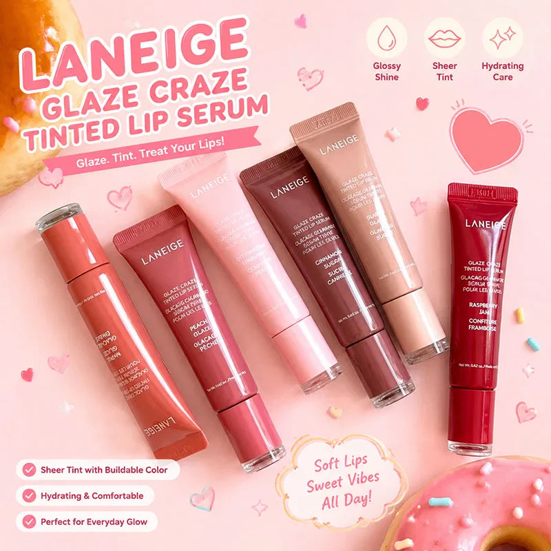 Laneige Glaze Craze Tinted Lip Serum collection in various shades for a glossy, hydrating, and sheer lip makeup finish.