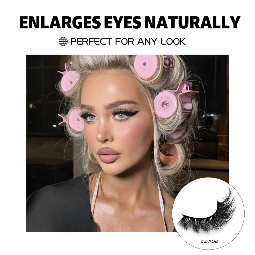 Fluffy black 3D mink cat-eye lashes shown on a model with hair rollers, creating a wispy, feathery, natural look.