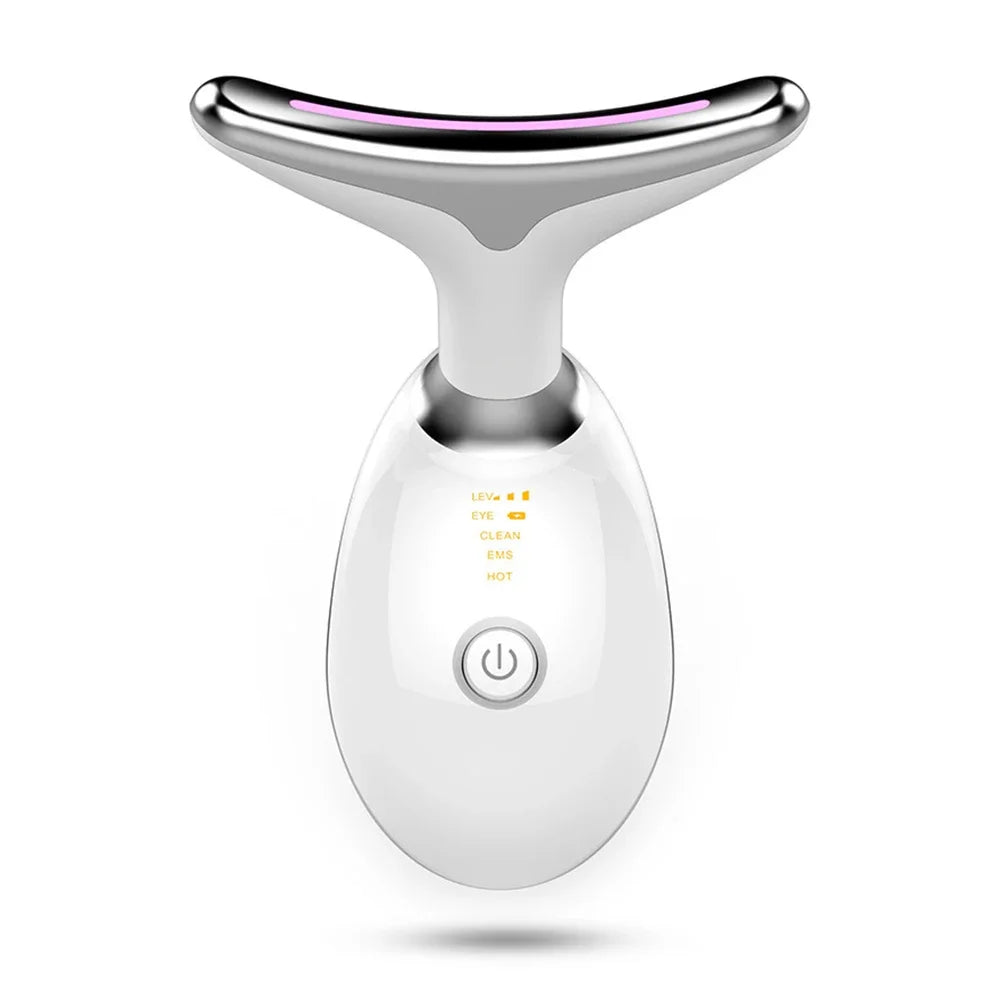 White and silver T-shaped LED face and neck beauty massager with a digital display and power button on the handle.