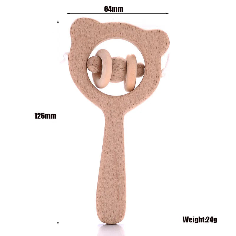Natural wood bear teething toy and rattle for baby, light brown, perfect for soothing gums.