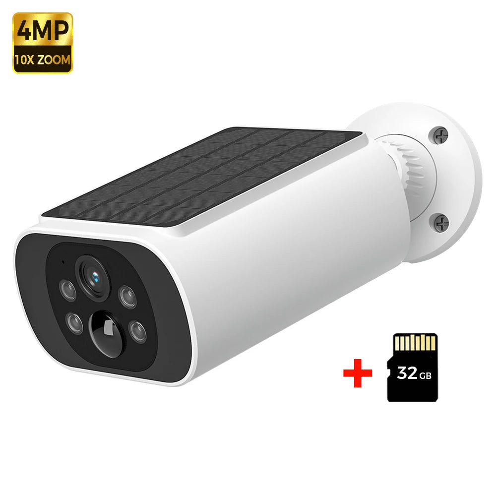 Outdoor solar security camera, white with solar panel plus 32GB microSD card