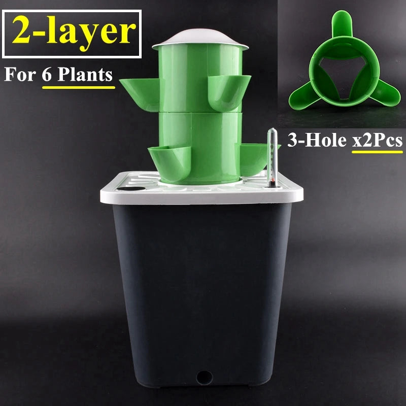 Green 2-layer vertical tower planter with stacked cups and 3-hole support ring
