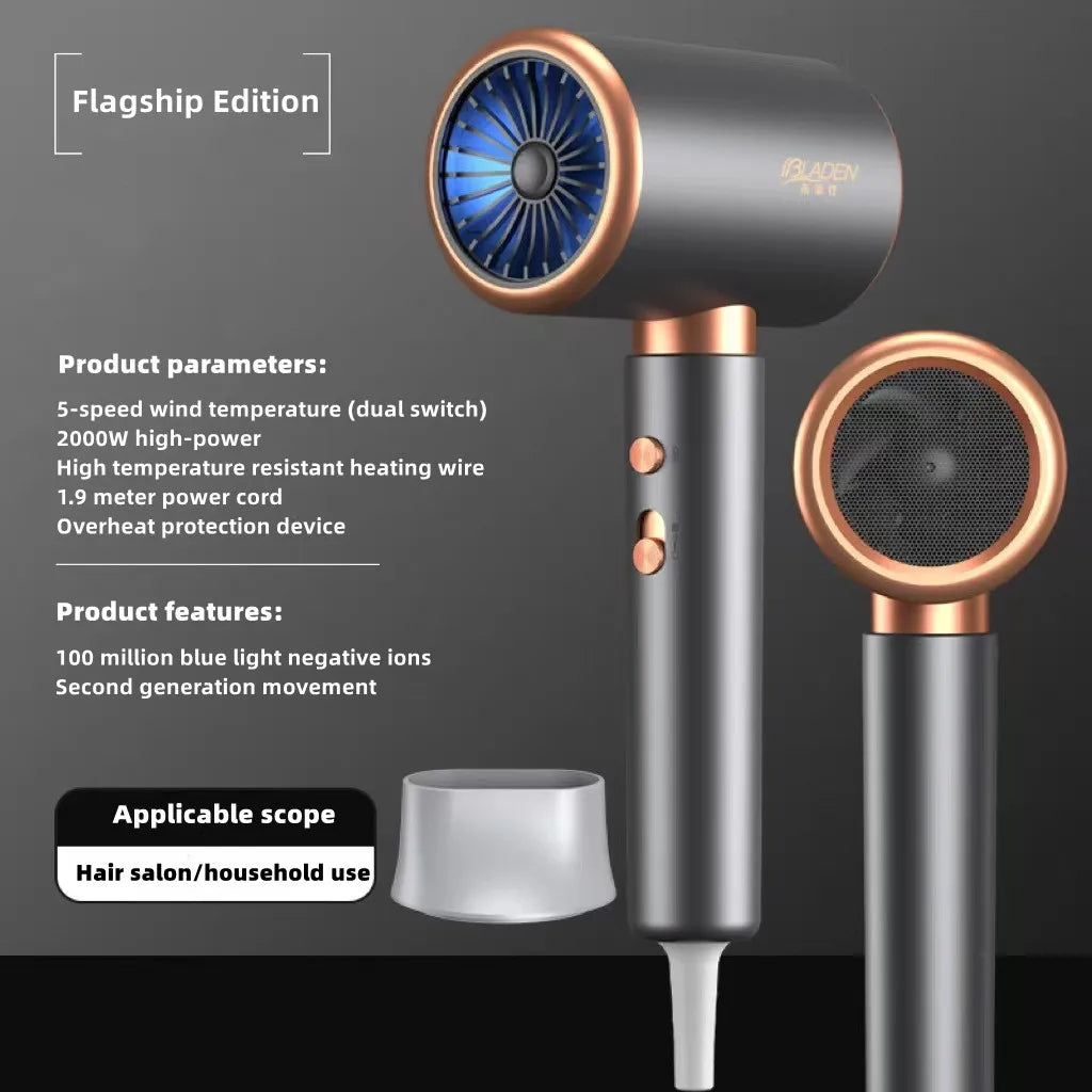 2400W high-speed grey & rose gold hair dryer with negative ion tech, magnetic nozzle, and 5-speed heat settings.