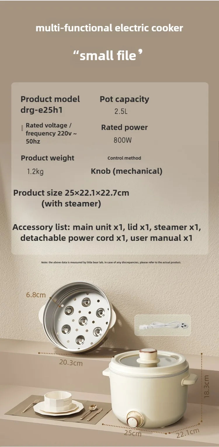 White 2.5L electric multi cooker with detachable lid and included steamer pot