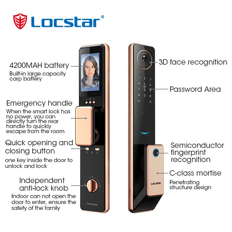 2026 Tuya Wifi Golden Video 3D Face Recognition Fingerprint Digital Smart Door Lock From Alibaba Certification Factory