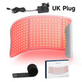 Large, flexible red light therapy mat with 792 LED bulbs, UK power plug, adjustable strap, and branded product box.