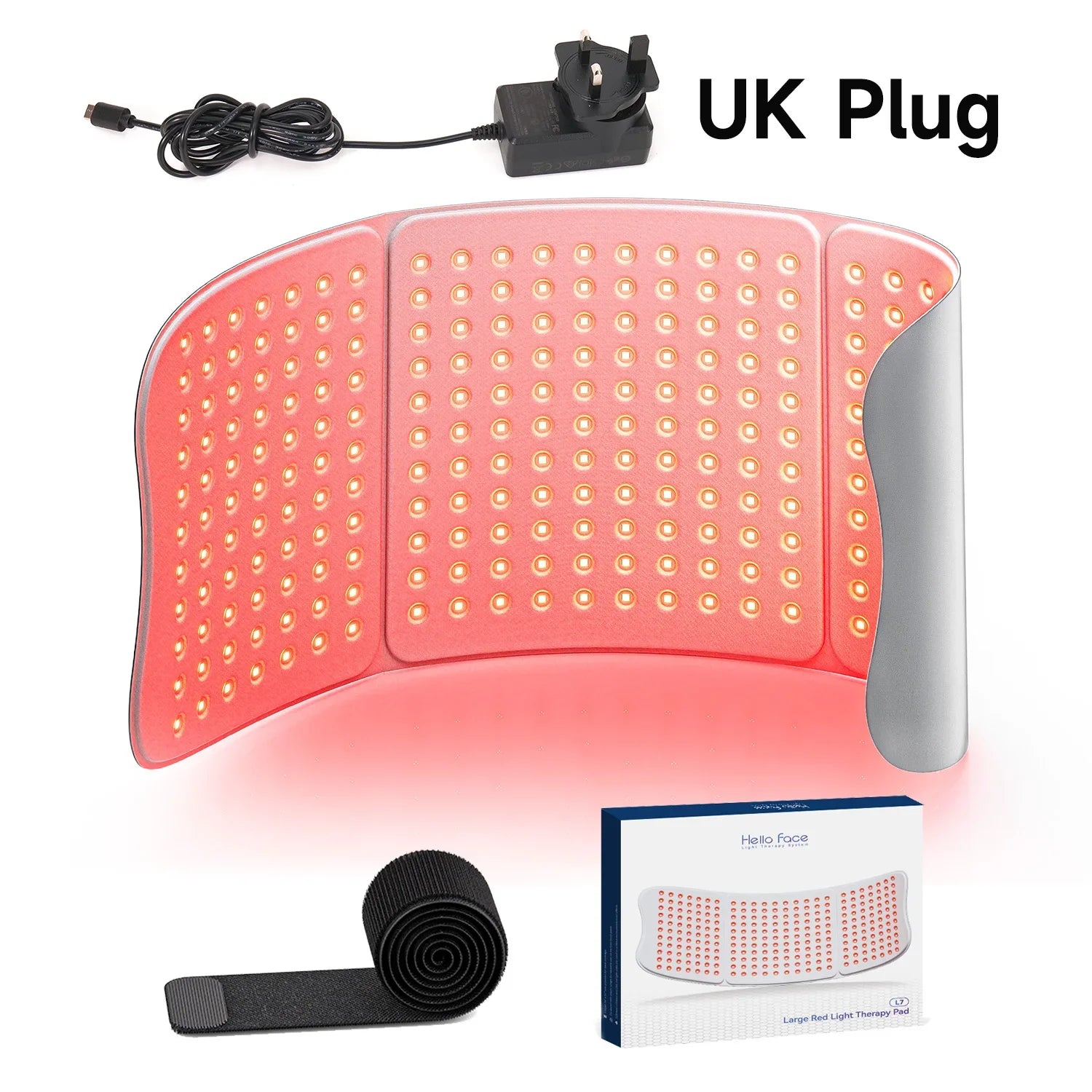 Large, flexible red light therapy mat with 792 LED bulbs, UK power plug, adjustable strap, and branded product box.