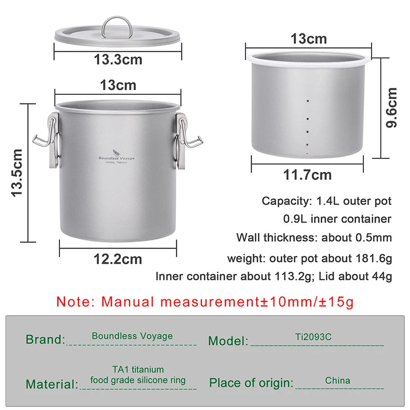 Stackable titanium pot set with inner container, size and capacity diagram