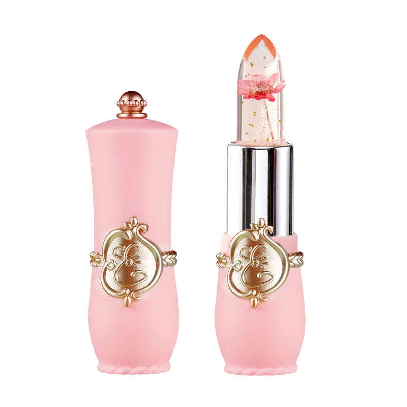 Crystal flower jelly lipstick with gold flakes in a pink vintage case. Moisturizing temperature-changing lip balm.