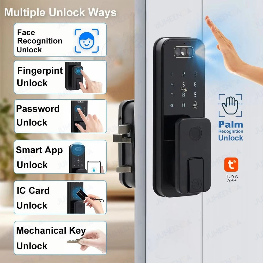 Outdoor Waterproof 3D Face Recognition Palm Scan Fingerprint Gate Lock Tuya Wifi App Password Digital Rechargeable Smart Lock