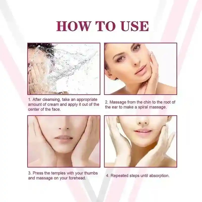 Four-step instruction graphic demonstrating how to apply V-Line lifting cream with facial massage techniques.
