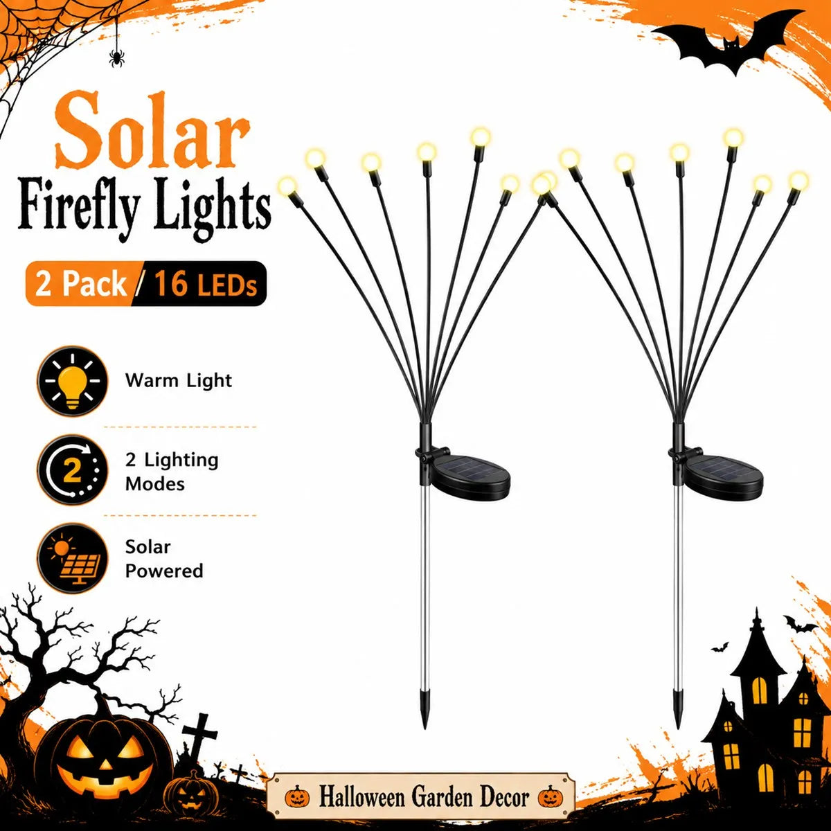 2 Pack Halloween Solar Firefly Lights 16 LED Spooky Garden Decoration Lights, Warm White Solar Powered Outdoor Pathway Lights with 2 Lighting Modes for Yard Lawn Patio Walkway Tree Fence Party Holiday Decor