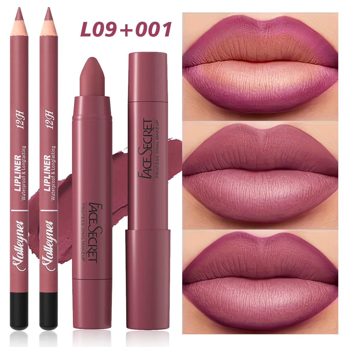 2-piece mauve matte lipstick and lip liner combo set for long-lasting, velvet-finish professional lip makeup.