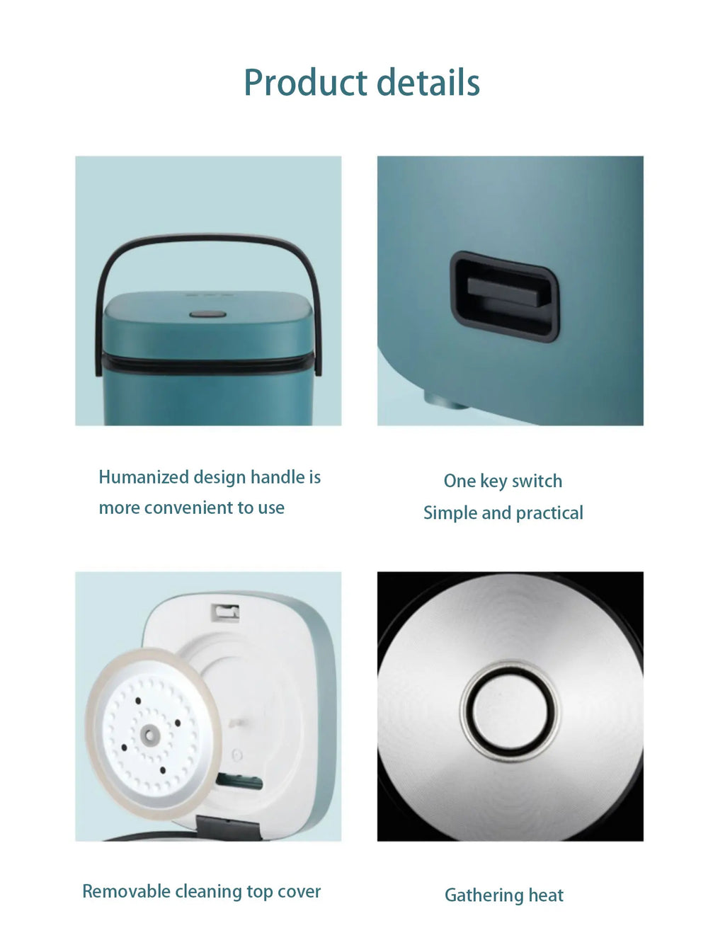 Teal mini rice cooker with carry handle and removable top cover, product detail view