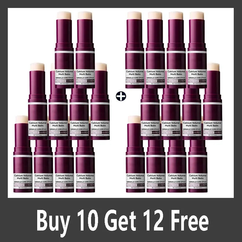 Twenty-two cylindrical Calcium Volume Multi Balm skincare sticks in dark purple tubes with white labels.