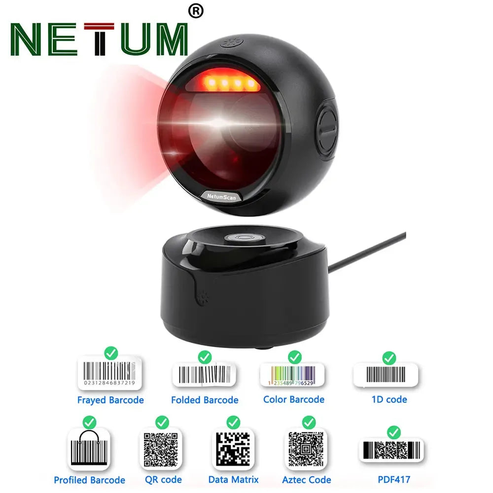 Black desktop barcode scanner with glowing scan window and rotating base, USB wired design