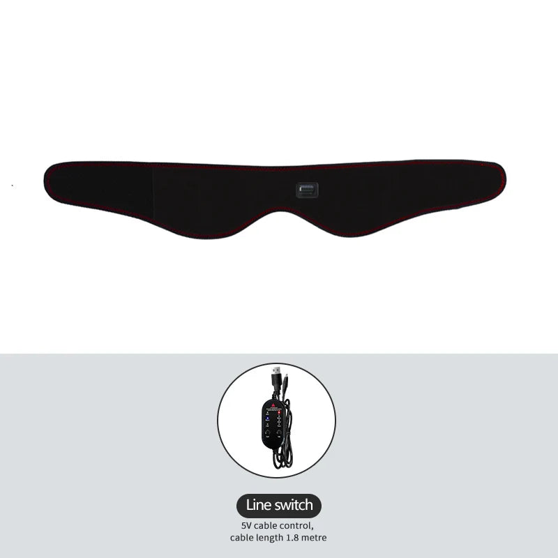 Black contoured jaw heating pad with red stitching, shown with a wired 5V USB line controller.