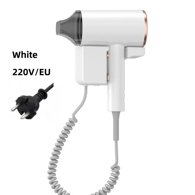 White wall-mounted hair dryer with nozzle attachment, 220V EU plug, and blue light hair protection technology.