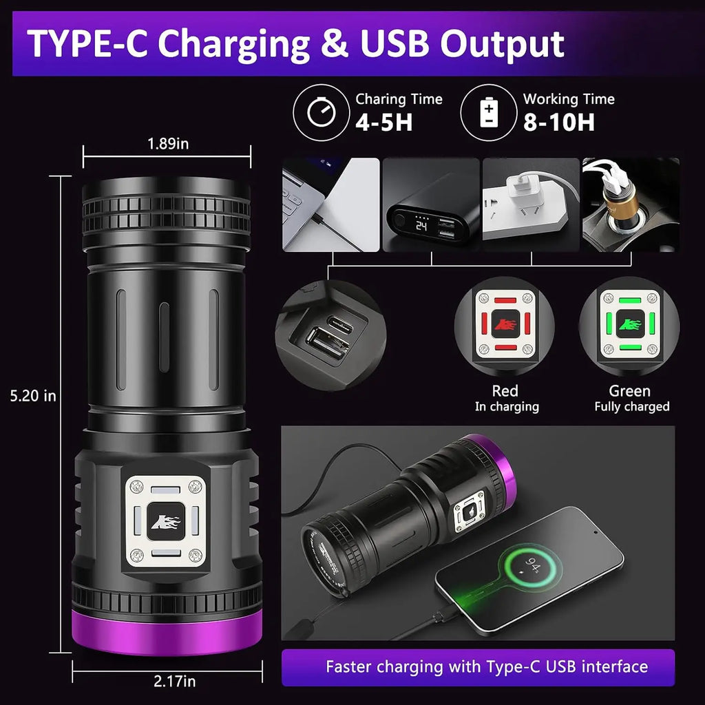 Powerful 120W rechargeable UV flashlight for pet urine detection, 395nm blacklight with Type-C USB charging.