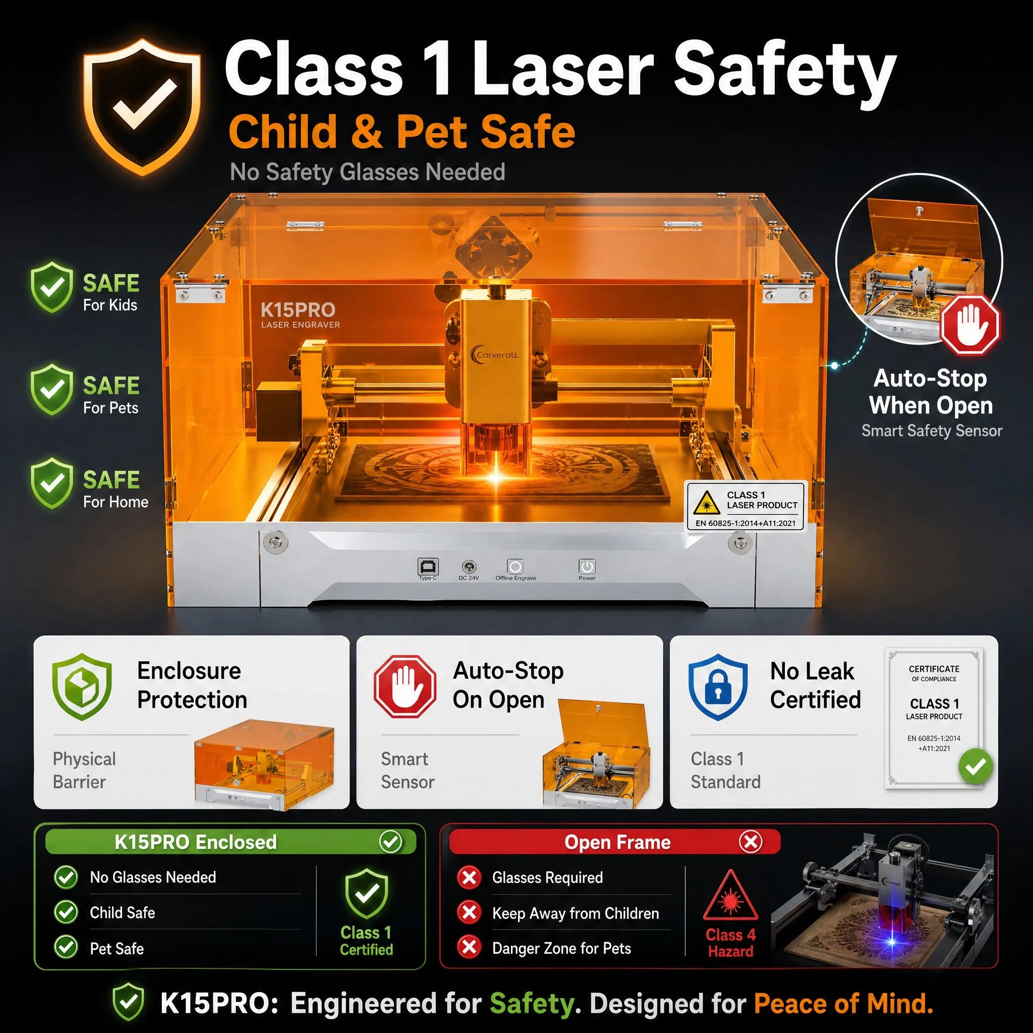 Carverall K15PRO 12W Enclosed Laser Engraver Cutter, Class 1 Safety Diode Laser Engraving Machine, A4 297x210mm, 15000mm/min, 0.01mm Precision, Free Software, DIY Crafts, Personalized Gifts, Home Workshop Small Business, Wood