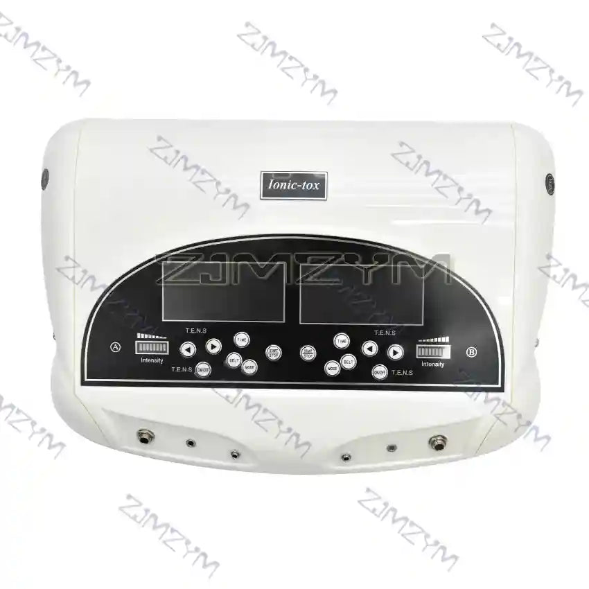 White dual ionic detox foot bath machine with digital TENS control panel for home spa and muscle massage therapy.