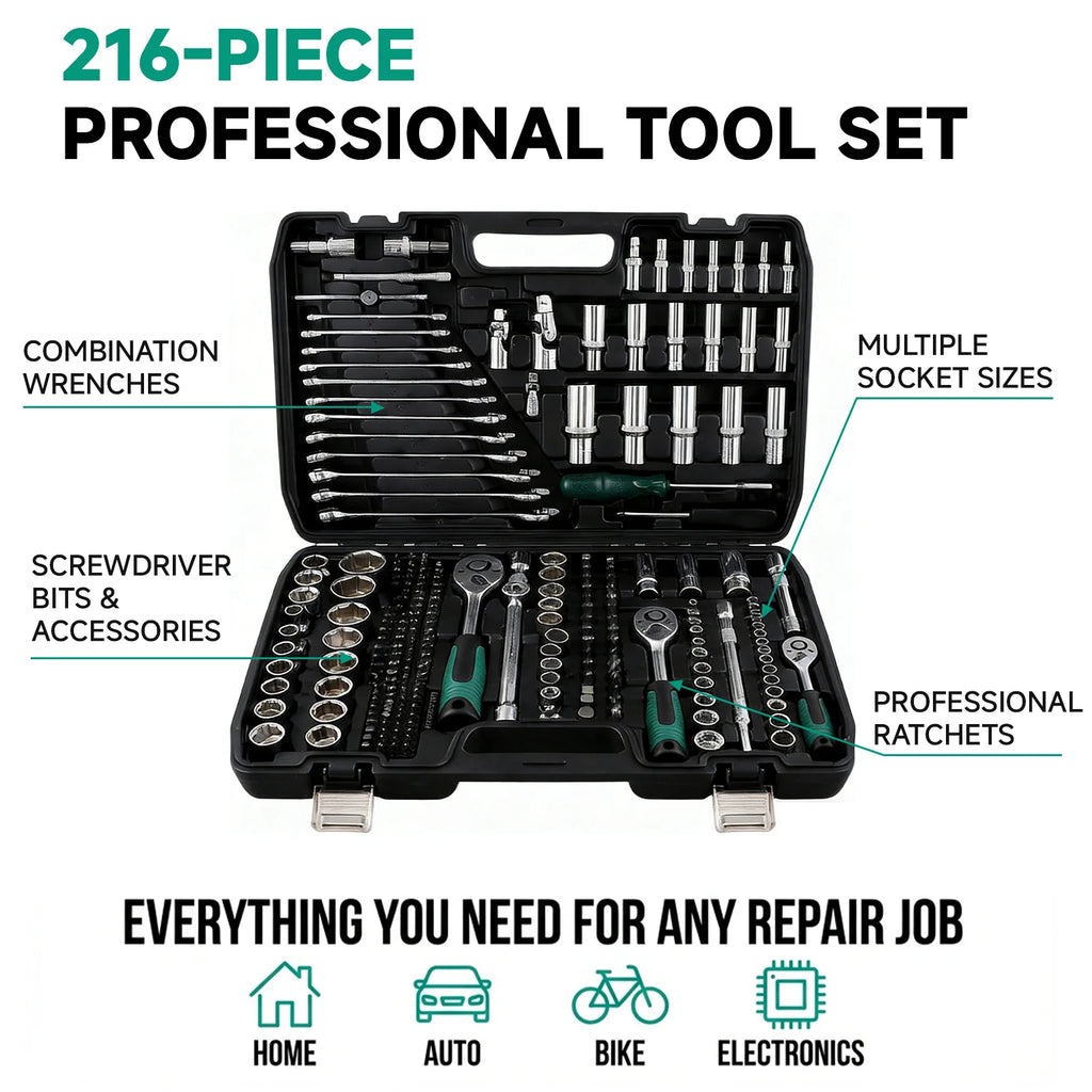 Podofo 216Pcs Socket Wrench Sets 1/4" 3/8" 1/2" Socket Wrench Sets with 24-Tooth Ratchet Wrench Ergonomic Ratchet Wrench Mechanic Tool Set For Automotive Motorcycle Repair & Home, Garage, Professional Automobile Maintenance