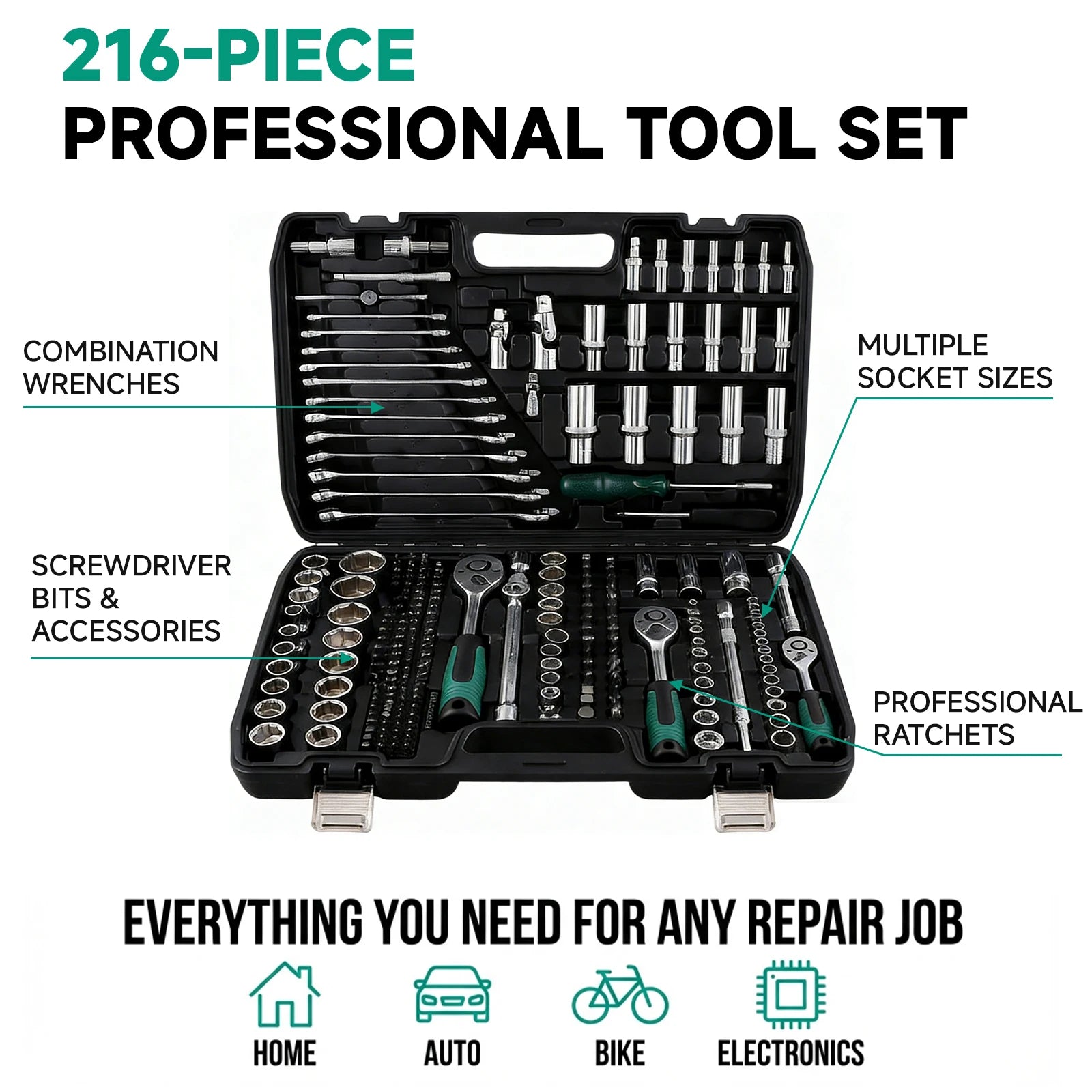 Podofo 216Pcs Socket Wrench Sets 1/4" 3/8" 1/2" Socket Wrench Sets with 24-Tooth Ratchet Wrench Ergonomic Ratchet Wrench Mechanic Tool Set For Automotive Motorcycle Repair & Home, Garage, Professional Automobile Maintenance