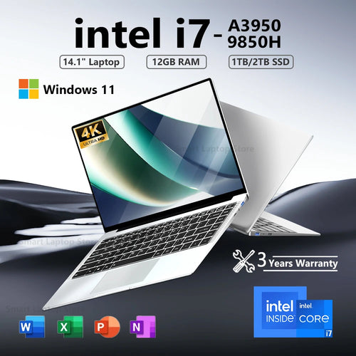 Slim silver 14.1-inch laptop with thin bezels, black keyboard, large trackpad, and visible side USB ports.