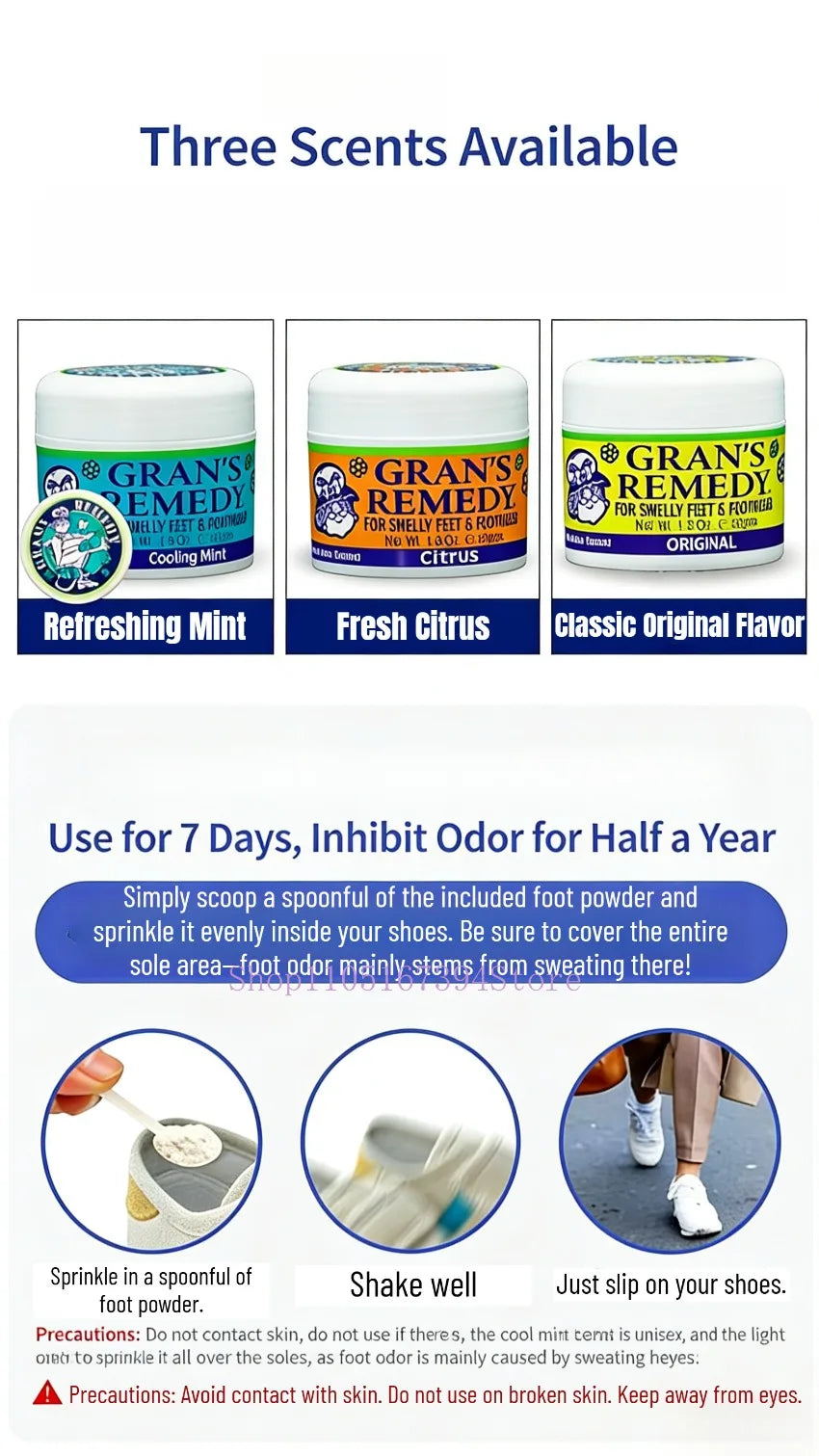 Gran's Remedy foot powder deodorizer jars in Mint, Citrus, and Original scents with white fine-textured powder.