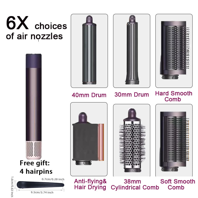SenCiciMen 6-in-1 multi hair styler set in purple with curling barrels, hot air brush, and smoothing comb attachments.