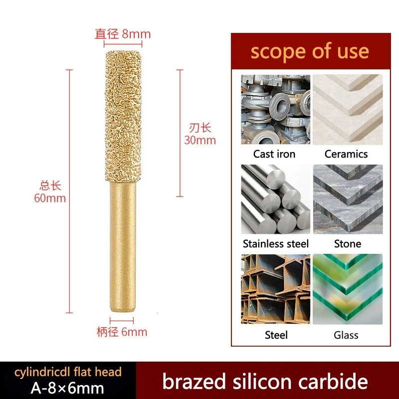 Brazed silicon carbide cylindrical flat head, 8mm diameter, 6mm shank