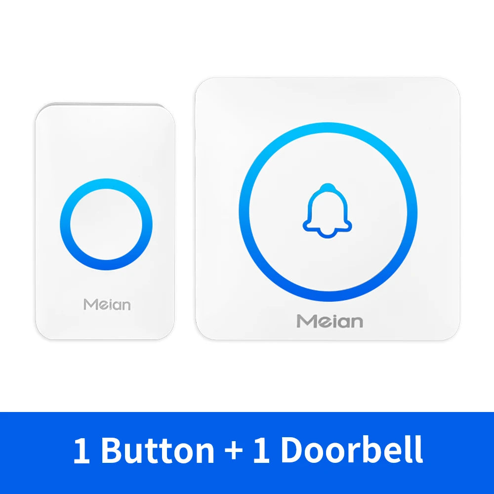 Wireless doorbell receiver and button kit, white with blue doorbell ring and bell icon