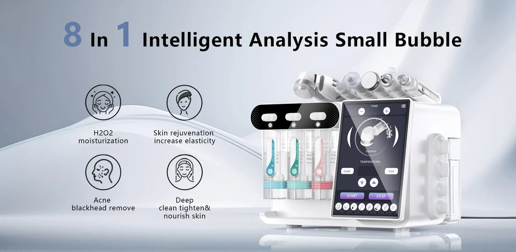 8-in-1 small bubble hydrofacial machine with touchscreen, water peeling probes, and H2O2 deep cleansing for skin spa.