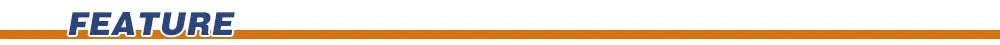 Blue text reading "FEATURE" centered above a horizontal orange line on a white background.