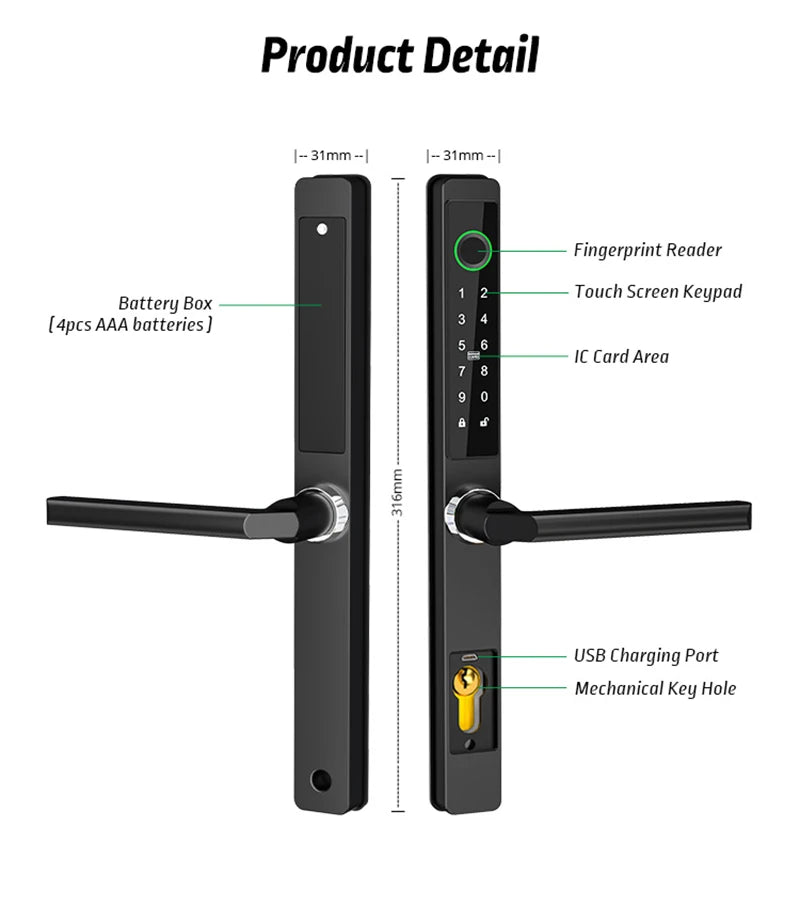 3CM Width Waterproof Aluminum Door Lock Bluetooth Fingerprint Digital Code TTLock Smart Sliding Door Lock 2885 3585 4585 Mortise