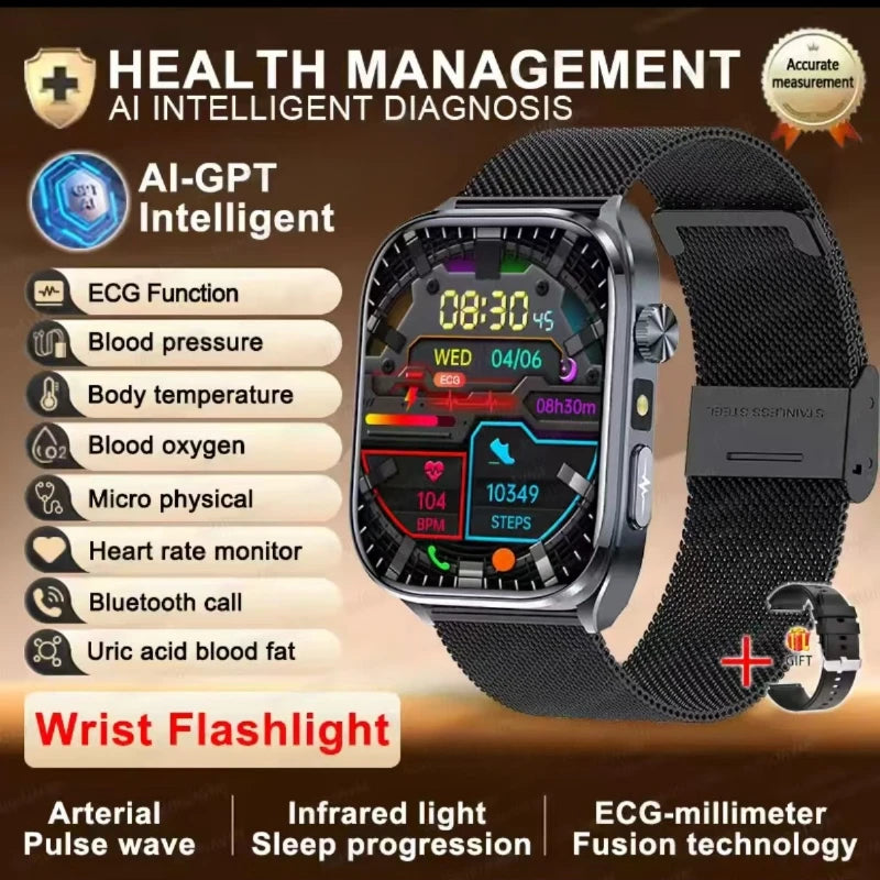 Smartwatch with black mesh strap, dark face with ECG-style graphs and status icons