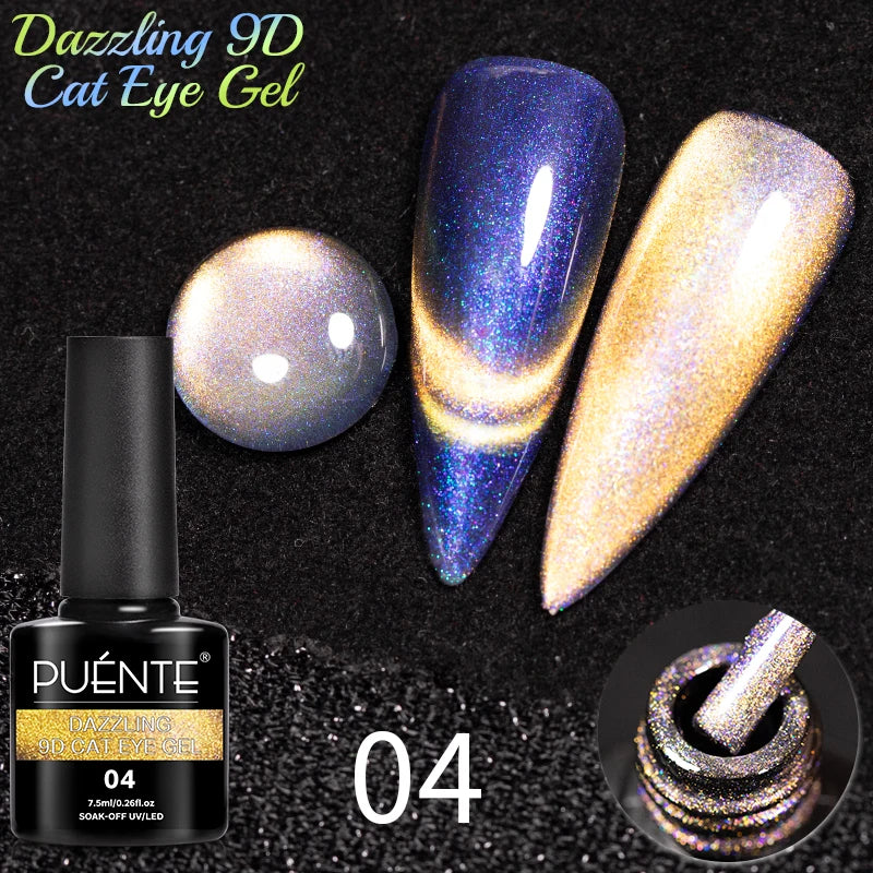 9D cat eye soak-off gel polish bottle and nail swatches showing iridescent blue and gold magnetic color shifts.