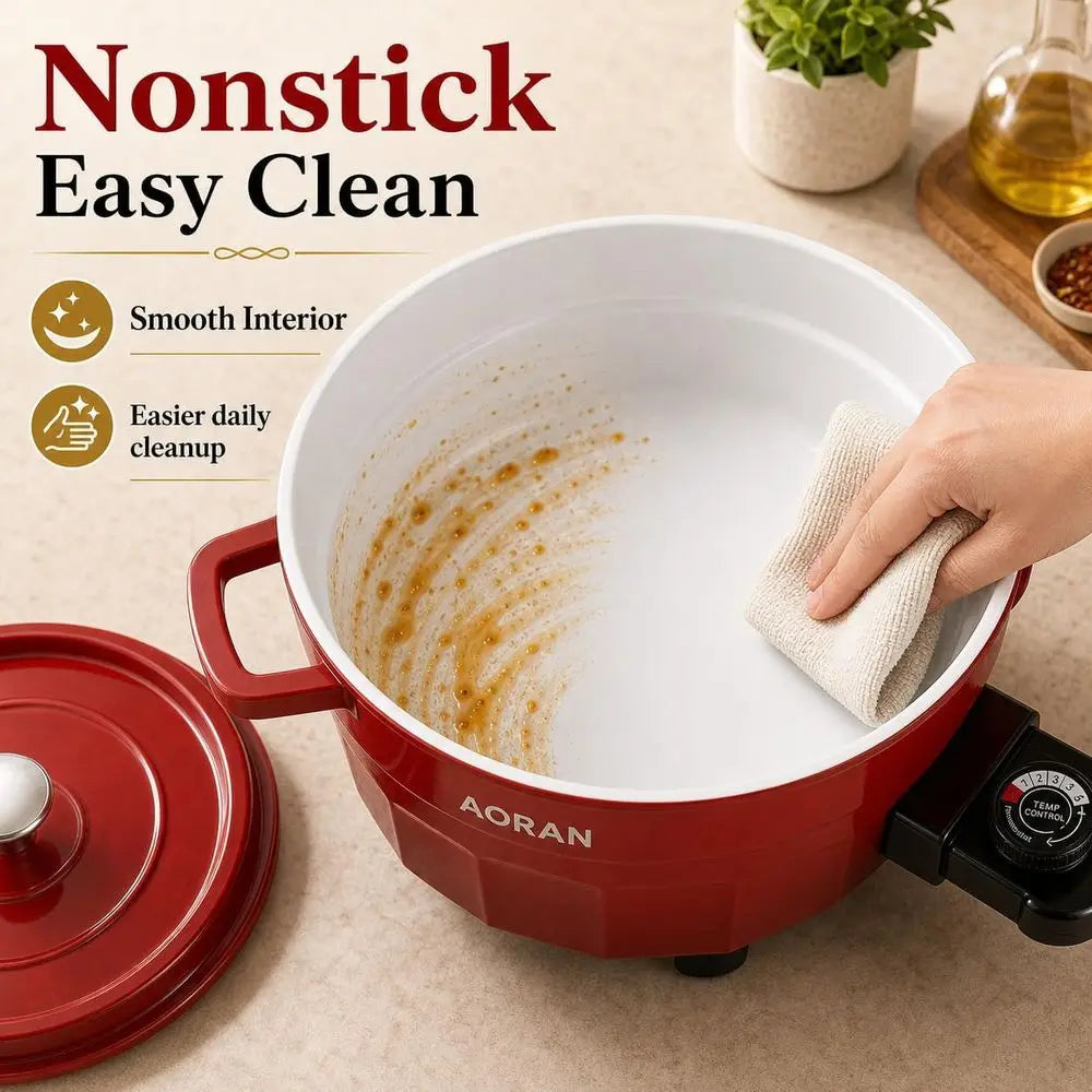 Red electric hot pot cooker with open nonstick pot and black temperature control base