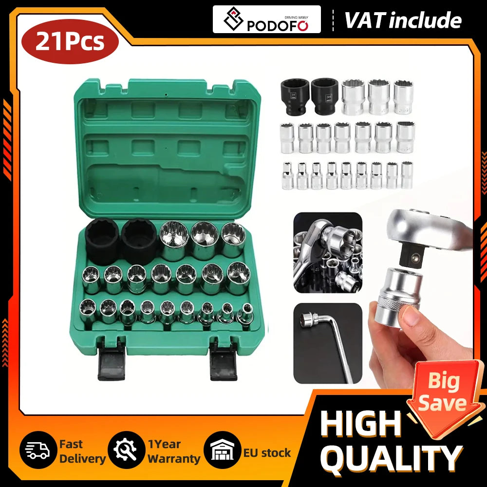 Podofo 1/2" Drive Socket Spanner Set 21PCS Multi-Tooth 6 12 Point External Socket Tool Kit for Auto Repair