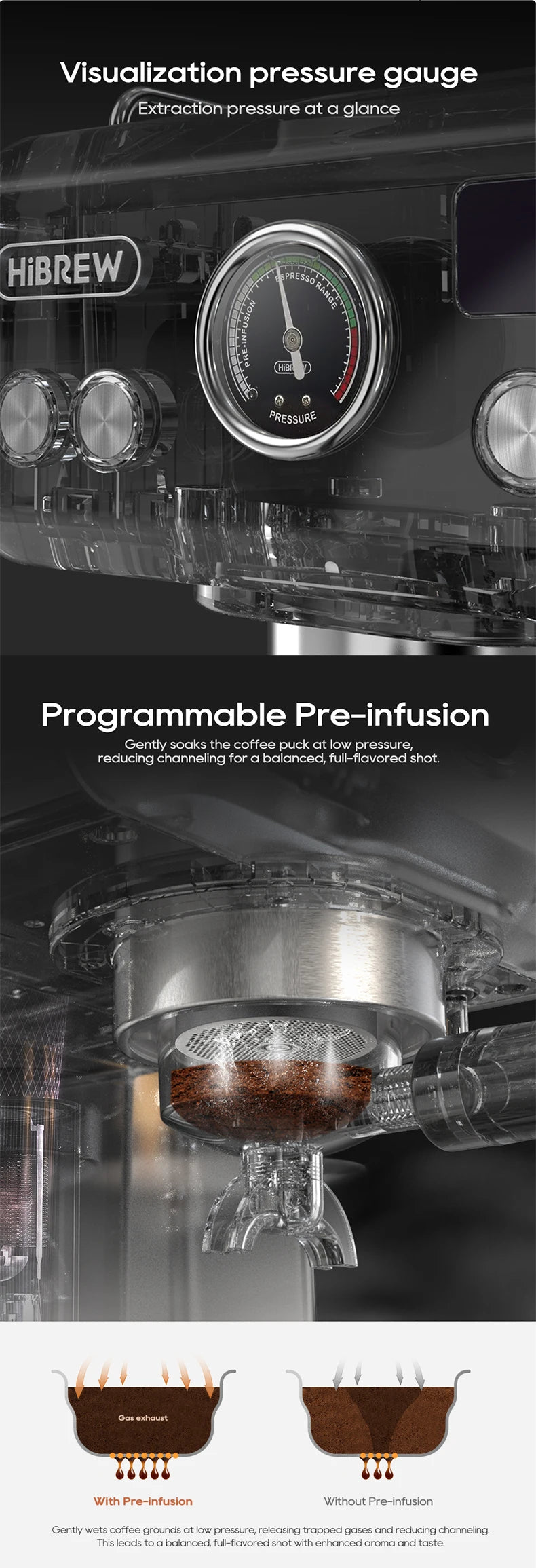 HiBREW espresso machine featuring a stainless steel portafilter, pressure gauge, and programmable pre-infusion.