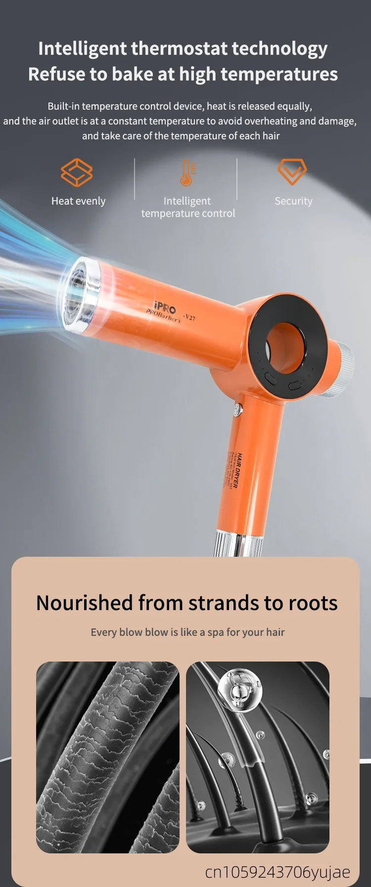 Orange 120,000 RPM high-speed bladeless professional hair dryer with intelligent temperature control for heat protection.