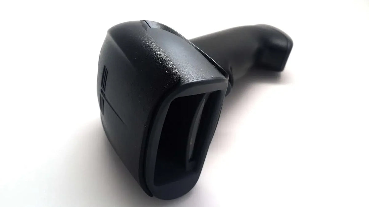 2D handheld barcode scanner angled view with black housing and scan window