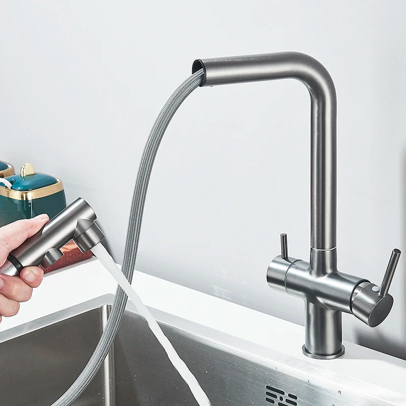 Filtered Kitchen Faucet Brass Purifier Faucet Dual Sprayer Drinking Water Mixer Tap Nozzle Sink Mixer Kitchen Gold Tap